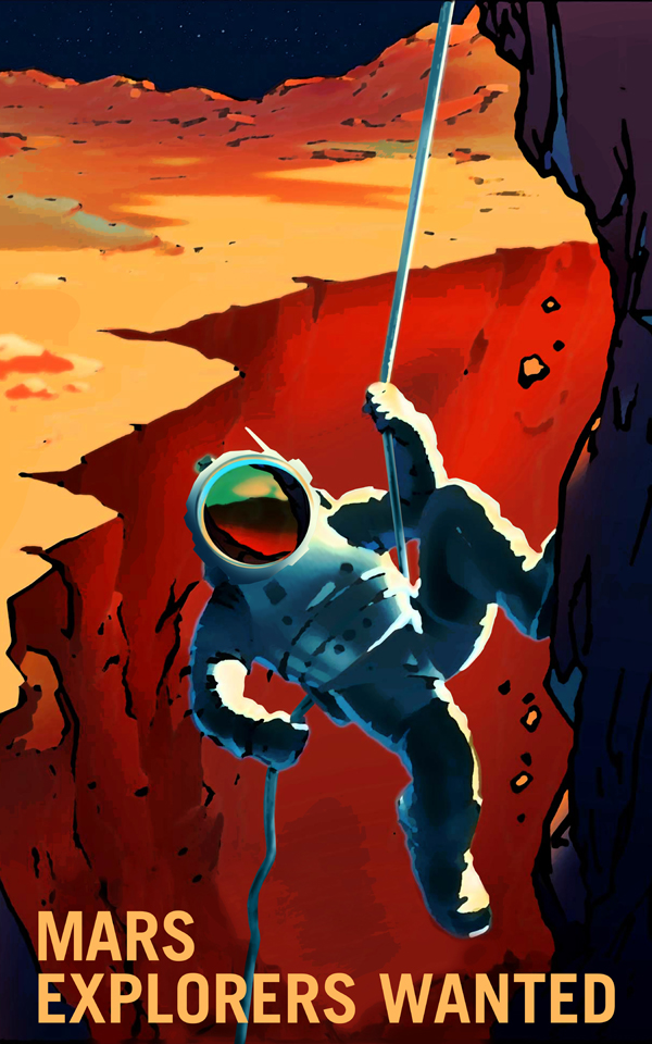 O conceito do artista de um astronauta explorar Marte, rapel uma parede de garganta, com uma lua de Marte no céu à noite.