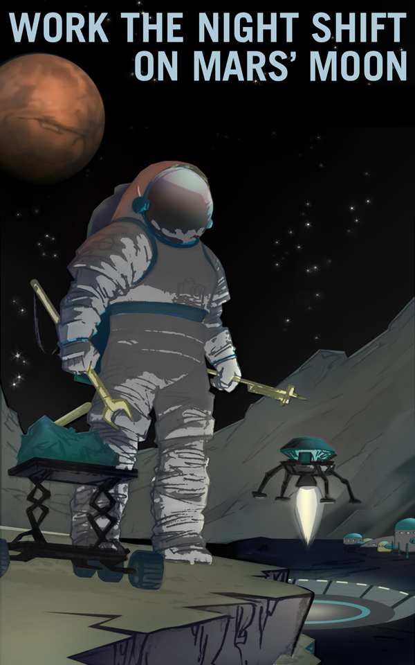 O conceito do artista de um astronauta a trabalhar na lua marciana Phobos, materiais de mineração, com um pequeno veículo de subida e Marte no céu à noite.
