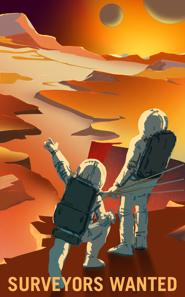 O conceito do artista de dois astronautas em uma borda da garganta, olhando para um horizonte de montanha com duas luas no céu marciano.