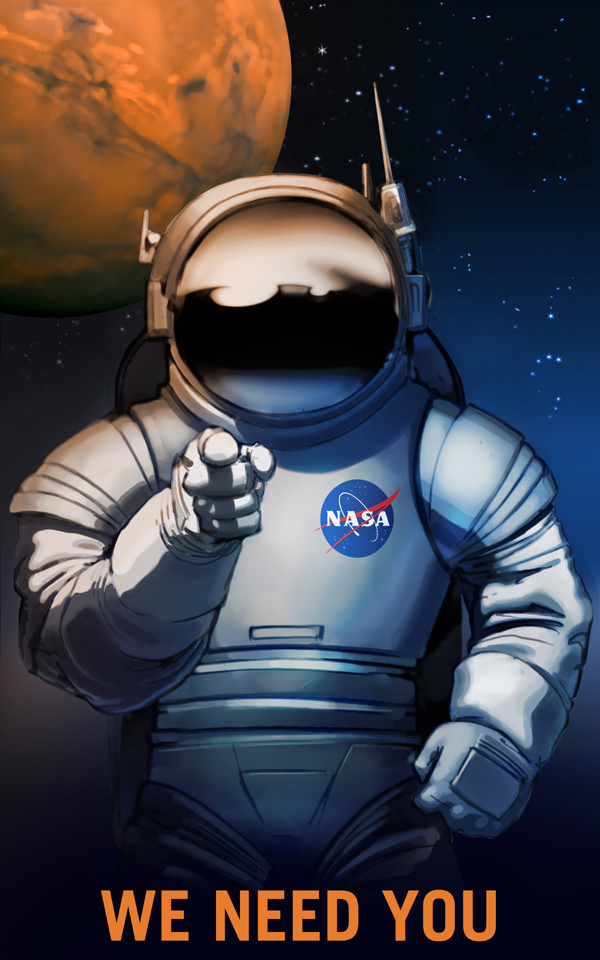 Artist's concept of an astronaut pointing to the viewer with Earth, the Moon, and Mars in the sky. It is a more peaceful version of the World War I and World War II posters of Uncle Sam pointing to recruits with the slogan 'I want you.'