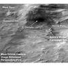This pair of stacked black-and-white images shows an undulating, hilly surface viewed obliquely from above. The bottom member of the pair is labeled with waypoints, including "West Spur," "Husband Hill," "El Dorado," "Home Plate," "Von Braun," "Spirit
