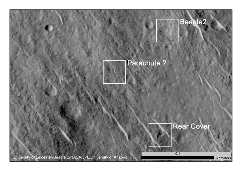 This annotated image shows where features seen in an observation by NASA's Mars Reconnaissance Orbiter have been interpreted as hardware from the Dec. 25, 2003, arrival at Mars of the United Kingdom's Beagle 2 Lander.
