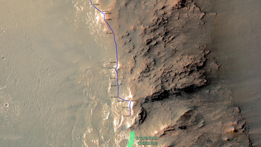In February 2015, NASA's Mars Exploration Rover Opportunity is approaching a cumulative driving distance on Mars equal to the length of a marathon race. This map shows the rover's position relative to where it could surpass that distance.