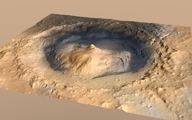 Oblique View of Gale Crater, Mars, with Vertical Exaggeration