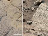 This set of images compares rocks seen by NASA's Opportunity rover and Curiosity rover at two different parts of Mars.