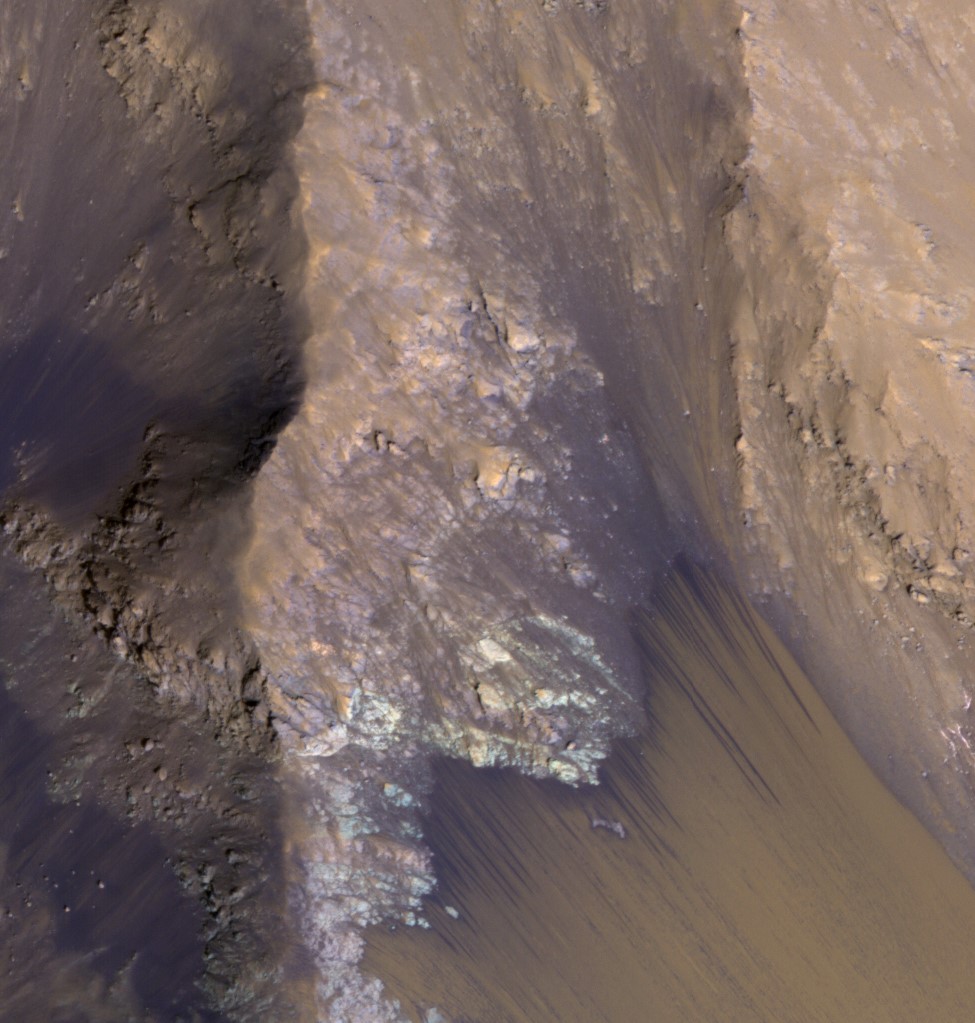 Among the many discoveries by NASA's Mars Reconnaissance Orbiter since the mission was launched on Aug. 12, 2005, are seasonal flows on some steep slopes, possibly shallow seeps of salty water. This July 21, 2015, image from the orbiter's HiRISE camera shows examples within Mars' Valles Marineris.