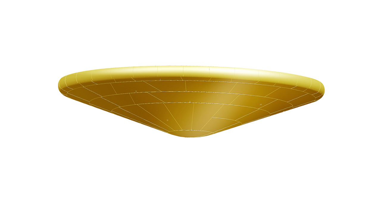 3D rendering of the Mars 2020 heat shield, a gold-colored dish about 15 feet (4.5 meters) in diameter