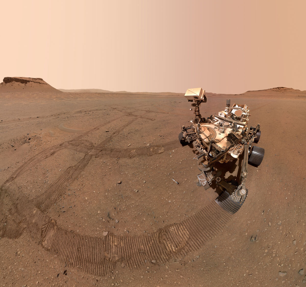 NASA's Perseverance Mars rover took a selfie with several of the 10 sample tubes it deposited at a sample depot it is creating within an area of Jezero Crater nicknamed "Three Forks." 