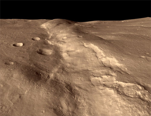 This perspective view generated from digital topography provides an overview of the Mars terrain covered in the first color image of Mars from the High Resolution Imaging Science Experiment (HiRISE) camera on NASA's Mars Reconnaissance Orbiter.