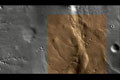 In this animation, a section of Mars is highlighted in a muted orange/brown.  This section is the area on Mars where the HiRISE camera first imaged.  The viewer sees the entire, brilliant image as the viewpoint pans over the large area.  Craters and other topographical features are seen very clearly - a hint at what the camera will be capable of doing once the orbiter is in its science orbit in the fall of 2006.