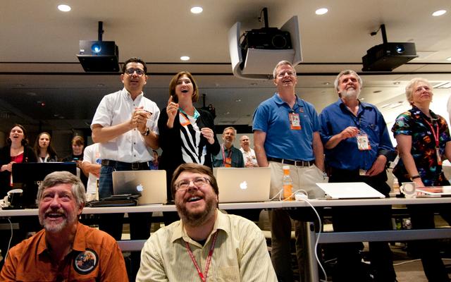 Excitement builds at NASA's Jet Propulsion Laboratory when news of a successful parachute deployment from the Mars Science Laboratory spacecraft reaches the science team.