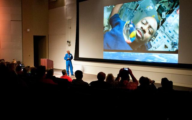 Astronaut Leland Melvin, NASA's Associate Administrator for Education, has a little fun with teachers while talking about how to eat snacks in space. Melvin served on board the Space Shuttle Atlantis as a mission specialist for STS-122 and STS-129.