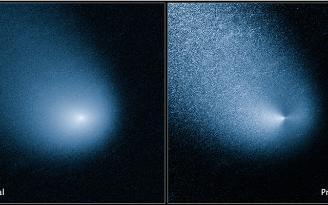 The images above show -- before and after filtering -- comet C/2013 A1, also known as Siding Spring, as captured by Wide Field Camera 3 on NASA's Hubble Space Telescope.