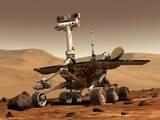 An artist's concept portrays a NASA Mars Exploration Rover on the surface of Mars.