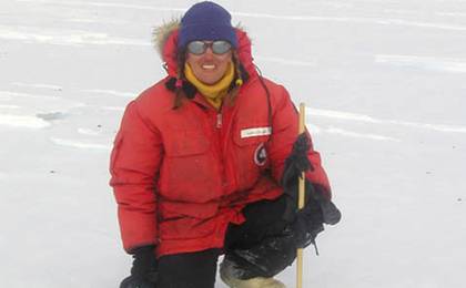 Dr. Nancy Chabot of Case Western Reserve University with the Arkansas-Oklahoma Center for Space and Planetary Sciences radiation dosimetry experiment near the Darwin Glacier, Antarctica.