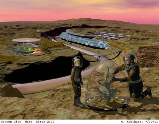Computer generated artwork of a family gardening on Mars in 2130.