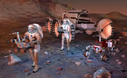 Artist's concept of future humans on Mars.