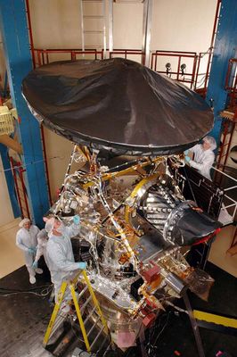 This image from early January 2005 shows the spacecraft fitted with five of its six primary science instruments, both solar arrays and its high-gain antenna.