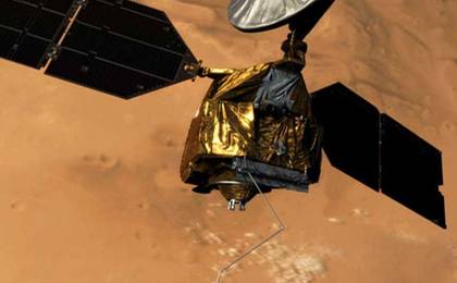 Artist concept of Mars Reconnaissance Orbiter during deployment of its radar antenna.
