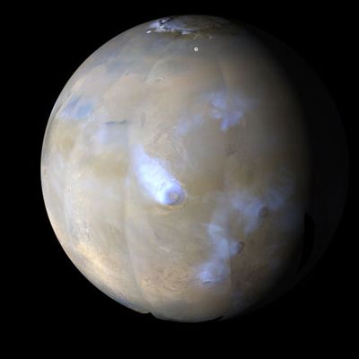 This image shows a simulated view of Mars from orbit, looking at the planet from the north. White patches streaming from Olympus Mons and other Martian volcanoes are clouds of water ice.White patches at the top of the globe are north polar ice deposits. Hazy, brown streaks that obscure the surface are regional dust storms. The planet's surface appears gray-blue and tan.