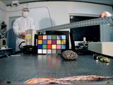 The Mars Descent Imager for NASA's Mars Science Laboratory took this image inside the Malin Space Science Systems clean room in San Diego, Calif., during calibration testing of the camera in June 2008.