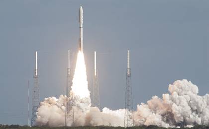 NASA's Mars Science Laboratory spacecraft, sealed inside its payload fairing atop the United Launch Alliance Atlas V rocket, clears the tower at Space Launch Complex 41 on Cape Canaveral Air Force Station in Florida.
The mission lifted off at 10:02 a.m. EST (7:02 a.m. PST), Nov. 26, beginning an eight-month interplanetary cruise to Mars. The spacecraft's components include a car-sized rover, Curiosity, which has 10 science instruments designed to search for signs of life, including methane, and to help determine if this gas is from a biological or geological source.