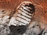 Artist's concept image of a boot print on the moon and on Mars.