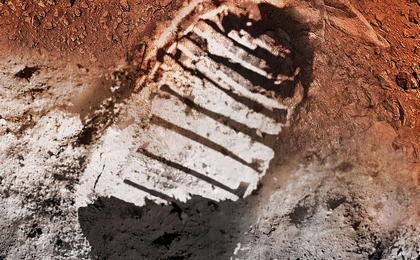 Artist's concept image of a boot print on the moon and on Mars.