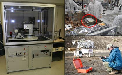 A conventional X-ray diffraction instrument (left) is the size of a large refrigerator, in contrast to the compact size of the Chemistry and Mineralogy (CheMin) instrument on NASA's Curiosity rover (top right) and the spin-off commercial portable instrument (lower right, orange case).