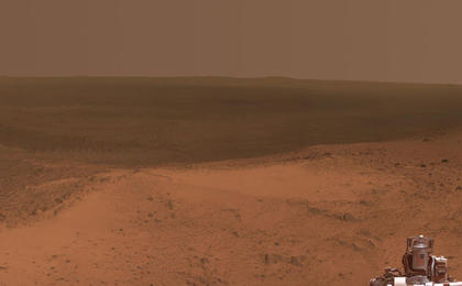 This panorama is the view NASA's Mars Exploration Rover Opportunity gained from the top of the "Cape Tribulation" segment of the rim of Endeavour Crater. The rover reached this point three weeks before the 11th anniversary of its January 2004 landing on Mars.