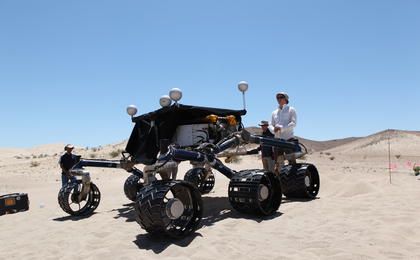 mars rover, desert, dune, test, Scarecrow - Waiting on the sand for its test drive to support Mars rover Curiosity is the car-size Scarecrow rover.