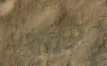 This map shows the route driven by NASA's Mars rover Curiosity through the 661 Martian day, or sol, of the rover's mission on Mars (June 16, 2014).