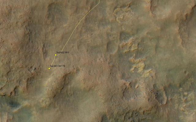 This map shows the route driven by NASA's Mars rover Curiosity through the 663 Martian day, or sol, of the rover's mission on Mars (June 18, 2014).
