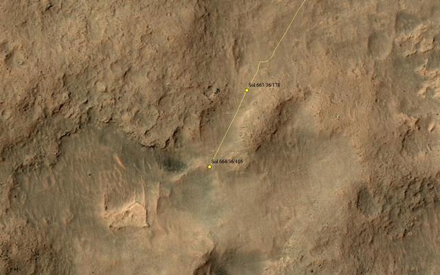 This map shows the route driven by NASA's Mars rover Curiosity through the 664 Martian day, or sol, of the rover's mission on Mars (June 19, 2014).
