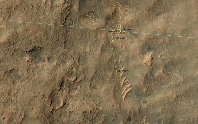 This map shows the route driven by NASA's Mars rover Curiosity through the 678 Martian day, or sol, of the rover's mission on Mars (July 3, 2014).