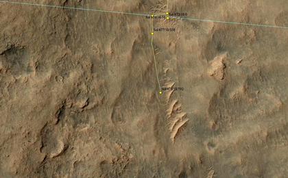 This map shows the route driven by NASA's Mars rover Curiosity through the 678 Martian day, or sol, of the rover's mission on Mars (July 3, 2014).