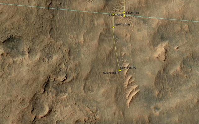 This map shows the route driven by NASA's Mars rover Curiosity through the 679 Martian day, or sol, of the rover's mission on Mars (July 4, 2014).