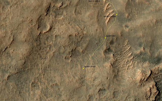 This map shows the route driven by NASA's Mars rover Curiosity through the 688 Martian day, or sol, of the rover's mission on Mars (July 14, 2014).