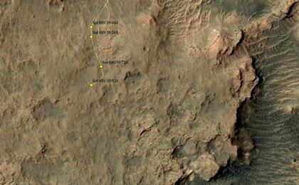 This map shows the route driven by NASA's Mars rover Curiosity through the 691 Martian day, or sol, of the rover's mission on Mars (July 17, 2014).