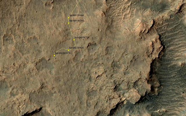 This map shows the route driven by NASA's Mars rover Curiosity through the 692 Martian day, or sol, of the rover's mission on Mars (July 18, 2014).