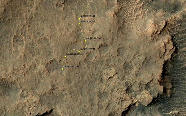This map shows the route driven by NASA's Mars rover Curiosity through the 695 Martian day, or sol, of the rover's mission on Mars (July 21, 2014).