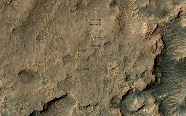 This map shows the route driven by NASA's Mars rover Curiosity through the 696 Martian day, or sol, of the rover's mission on Mars (July 22, 2014).