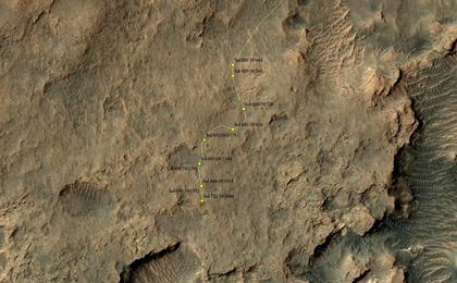 This map shows the route driven by NASA's Mars rover Curiosity through the 702 Martian day, or sol, of the rover's mission on Mars (July 28, 2014).