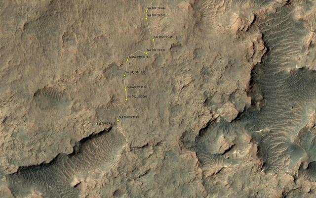This map shows the route driven by NASA's Mars rover Curiosity through the 703 Martian day, or sol, of the rover's mission on Mars (July 29, 2014).
