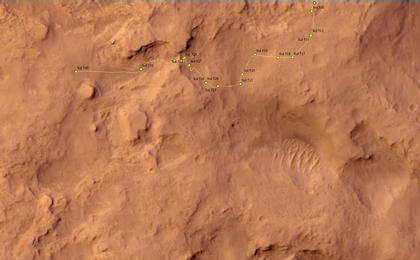 This map shows the route driven by NASA's Mars rover Curiosity through the 540 Martian day, or sol, of the rover's mission on Mars (February 12, 2014).