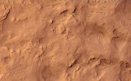 This map shows the route driven by NASA's Mars rover Curiosity through the 542 Martian day, or sol, of the rover's mission on Mars (February 14, 2014).