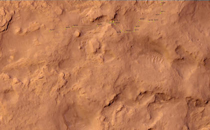 This map shows the route driven by NASA's Mars rover Curiosity through the 545 Martian day, or sol, of the rover's mission on Mars (February 17, 2014).