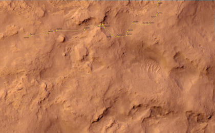 This map shows the route driven by NASA's Mars rover Curiosity through the 546 Martian day, or sol, of the rover's mission on Mars (February 18, 2014).