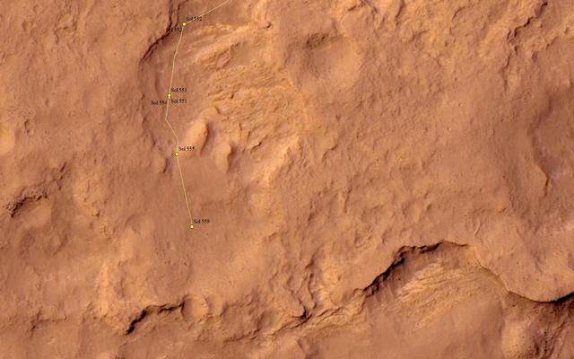 This map shows the route driven by NASA's Mars rover Curiosity through the 559 Martian day, or sol, of the rover's mission on Mars (March 3, 2014).