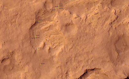 This map shows the route driven by NASA's Mars rover Curiosity through the 559 Martian day, or sol, of the rover's mission on Mars (March 3, 2014).